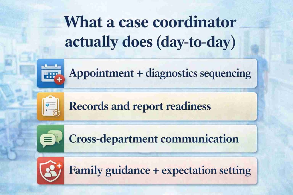 A breakdown of what a case coordinator does in day-to-day healthcare, including appointment scheduling, record readiness, and family guidance