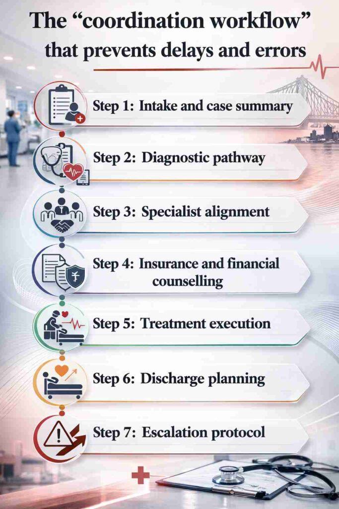 A visual representation of the coordination workflow in healthcare that prevents delays and errors, featuring the steps from intake to escalation protocol